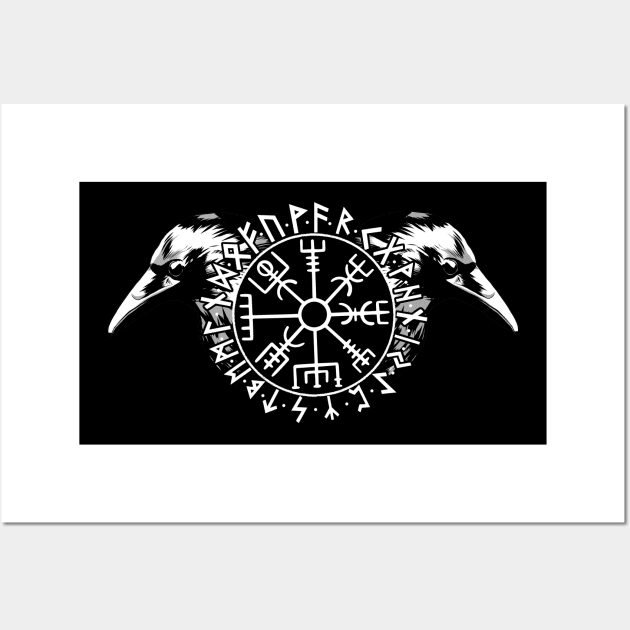 Hugin and Munin with Futhark and Vegvisir Wall Art by Modern Medieval Design